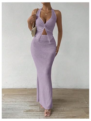 Image of SOLY HUX Women's Two Piece Outfits Twist Front Halter Cami Tops and Skirt Summer Set