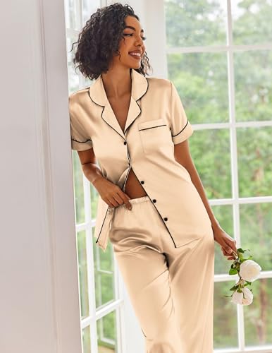 Image of Ekouaer 2 Piece Satin Short Sleeve Pajamas Set Button Down Sleepwear | Soft Pjs Set Classic Loungewear for Wedding, Party, Home, Daily Wear, Date Nights