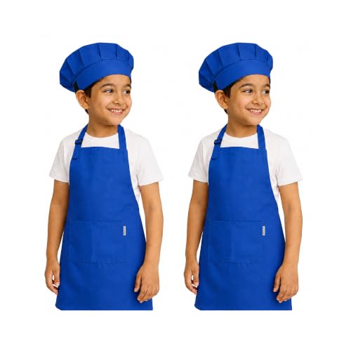 Image of uniformer Kids Apron with Chef Cap for Cooking, Baking, Painting Art & Crafts | Adjustable Child Apron with 2 Pockets | Great for Kitchen, School