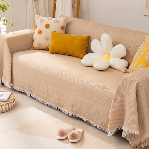 Skcess Outdoor Couch Cover, Khaki Polyester Dining Chair Covers Solid Color Lattice Textured with Tassel 2 Seater(180X280CM)