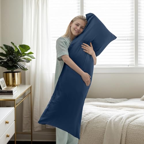 Image of TELUS Body Cooling Pillow Cases Cover, Bamboo Rayon Pillowcases with Zipper Closure, Cool and Breathable Pillow Case for Hot Sleepers and Night Sweats, 20x54 inches, Navy Blue