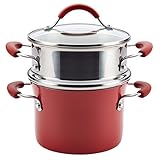 Rachael Ray Cucina Nonstick Sauce Pot/Saucepot with Steamer Insert and Lid, 3 Quart, Cranberry Red