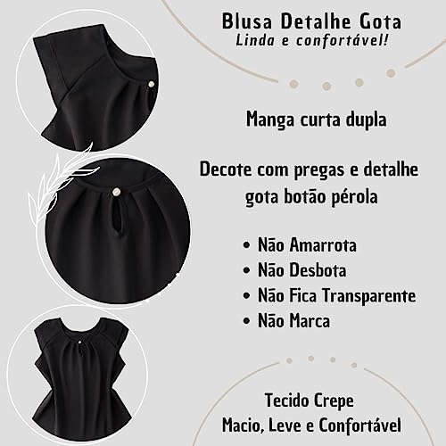 Blusa Social Feminina Crepe Manga Curta Gola Gota Botão Elegante