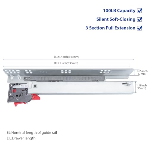 LONTAN Undermount Soft Close Drawer Slides 21 Inch Hidden Bottom Mount Full Extension Cabinet Rails with Rear mounting Bracket and Locking Devices 1 Pair Concealed Drawer Runners 100lb Load Capacity - Image 2