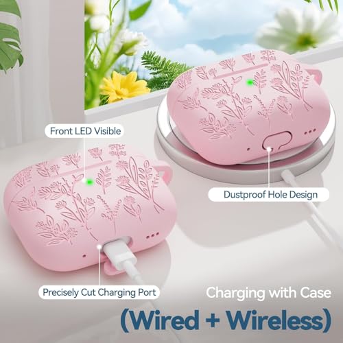 Image of Meyaar Silicone Case for AirPods Pro 3 Floral Embossed, Flower Engraved Soft Silicone Cover with Keychain, Anti-Scratch, Shockproof Protective Case Cover (Pink, for AirPods Pro 3 (2025))
