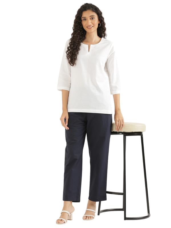 Image of SAADAA Cotton Straight Pants for Women | Breathable Everyday Wear Trousers | Drawstring, Deep Pockets & Elastic Waistband | Casual & Comfortable Fit