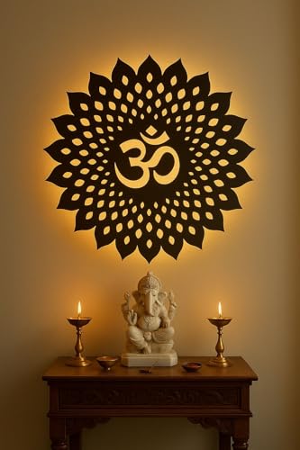 Image of Navneet Creation Wooden Om Mandala Wall Hanging With Backlit LED Light Wall Decor for Living Room & Bedroom | Handmade Home Decorative Items for Home And Office | Best Gift Items (45, Centimeters, 45, Centimeters)