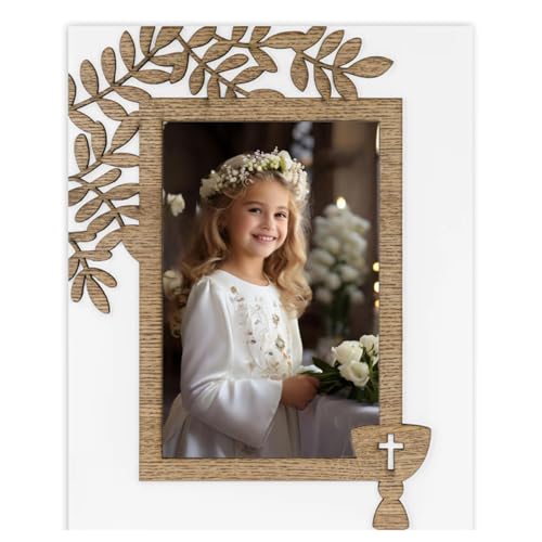 Generico Cadre photo de communion pour enfants 10 x 15 cm – Design élégant en bois avec détails feuille d'olive et calice première communion – Parfait...
