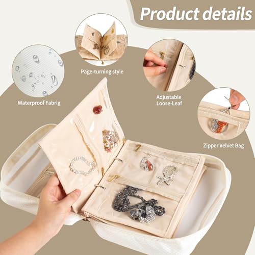 Travel Jewelry Organizer Case with Multiple Clear Zipper Pockets - Ring Binder Style Storage Bag for Necklaces, Earrings, Rings, Bracelets, Ideal for Gifts & Travel(beige)3