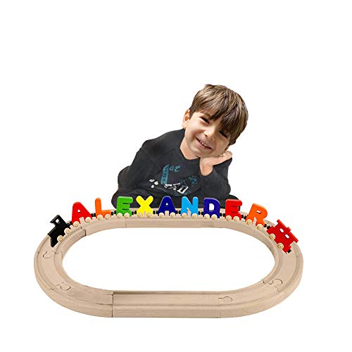 Build Your Train Alphabet Railroad up to Large 12 Letters Puzzle Includes Wooden 10 Piece Track + Train + Wagon Kids Train Set