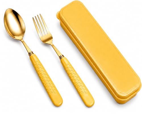 Image of JAXHOM Golden Stainless Steel Spoon and Fork Set - Durable Flatware with Plastic Handles & Travel-Friendly Case - Ideal for Lunchboxes, Camping, Office, School & On-the-Go Meals (C-6)