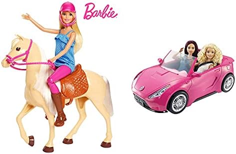 Barbie Doll, Blonde, Wearing Riding Outfit with Helmet, and Light Brown Horse with Soft White Mane and Tail, Gift for 3 to 7 Year Olds, FXH13