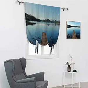 GugeABC House Decor Collection Blinds for Windows, Wooden Deck on a Calm Canadian Crystal Lake with Rocks and Mountain Landscape Nature Print Tie Up Shades for Window, Blue Brown, 35