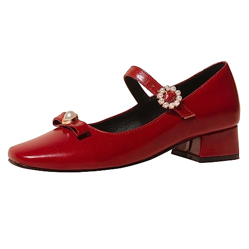Mary Janes femme talon moyen anti-fatigue, escarpins bout carré rouge pour pieds sensibles