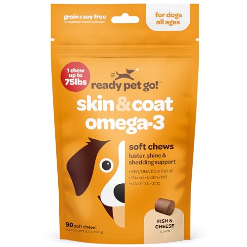 Healthy Dog Skin and Coat Supplement | Nourishing Omega 3 Fish Oil for Dogs Skin and Coat Plus Heart and Joint Support with EPA DHA & Vitamin E | Mange Allergy & Itchy Skin Relief for Dogs | 90 Chews Healthy Dog Skin and Coat Supplement | Nourishing Omega 3 Fish Oil for Dogs Skin and Coat Plus Heart and Joint Support with EPA DHA & Vitamin E | Mange Allergy & Itchy Skin Relief for Dogs | 90 Chews