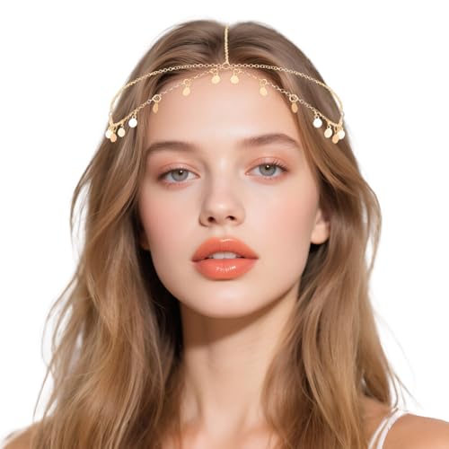 Chaîne de tête bohème, hippie orientale, dorée, 53 cm, chaîne de cheveux bohème, à paillettes, bijou de tête de diseuse de bonne aventure, bijou de...
