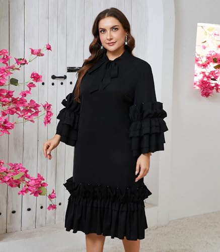 Image of dasmzper Women's Plus Size Midi Dress Ruffle Sleeve Bow Tie Neck Casual A line Swing Midi Dresses