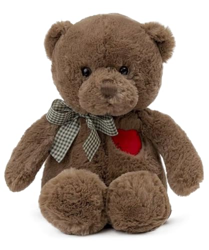 Riuhot Teddy Bear Plush with Heart Cute Brown Teddy Bear Stuffed Animal Bear Plushie Christmas Birthday Gifts for Girlfriend Boyfriend Kids 13.8'