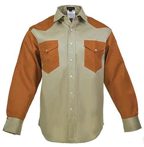Flame Resistant FR Shirt - 88/12 - Western Style - Two Tone (Medium, Khaki/Rust)