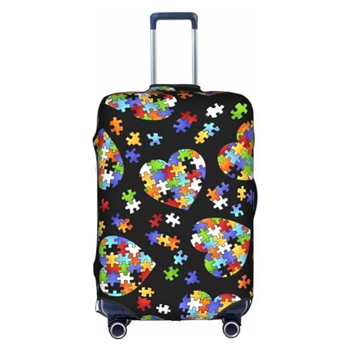 Medium Suitcase Cover Protector â€“ Autism Awareness Puzzle Pieces Heart Print Luggage Travel Accessories Stretch Baggage Case with Invisible Zipper