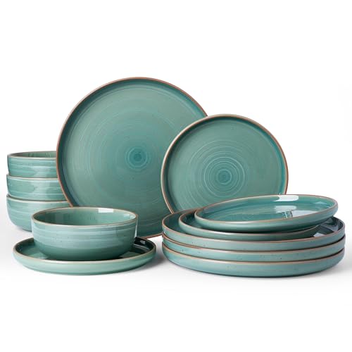 Image of Famiware Meteor Plates and Bowls Sets for 4, 12 Pieces Dinnerware Sets, Microwave and Dishwasher Safe Dishes Set, Peacock Green
