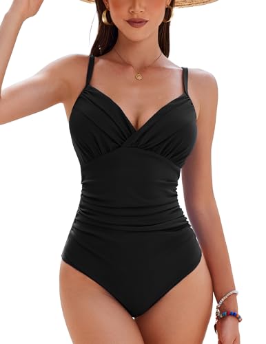 AI'MAGE Women's One Piece Ruched Swimsuit 2025 Tummy Control Bathing Suits Sexy V Neck Swimwear Black S
