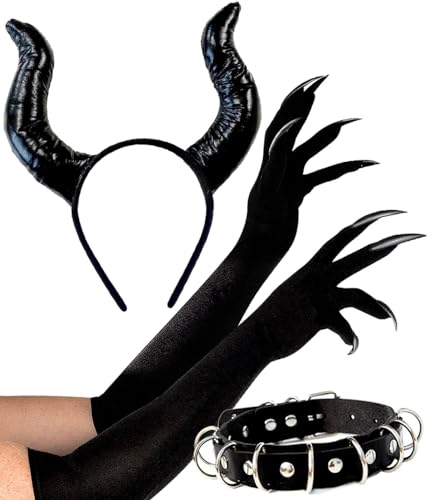 OLYPHAN Devil Costume for Women Maleficent Costumes, Demon Horns Headband, Claw Gloves & Faux Leather Choker for Woman Halloween Demons Accessories Set