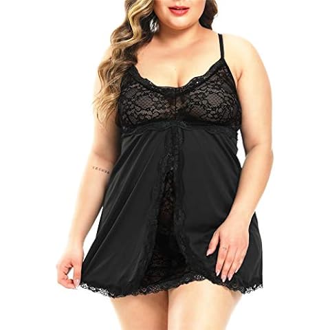 FlatterMe Plus Size Lingerie For Women Lace Babydoll Split Mesh Chemise V Neck Backless Halter Sleepwear(Q039/Black/XL) Cover