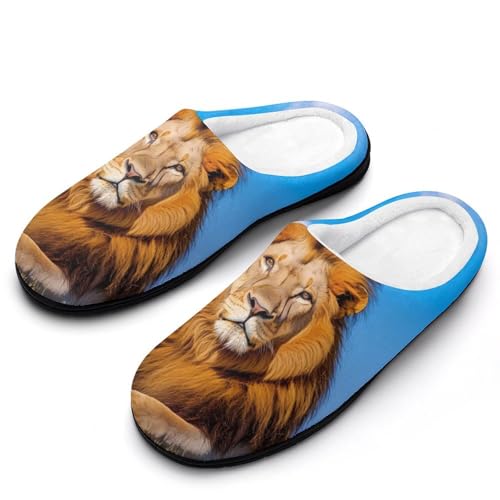 Lion Male Women's Cotton Slippers Indoor Outdoor Slip-on Warm House Shoes with Anti-Skid Rubber Sole