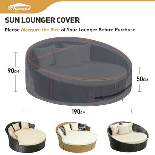 Khongoo Rund Sonneninsel Abdeckung, 190x90/50cm Sonneninsel Abdeckhaube, 420D Oxford Schutzhülle Gartenliege Wasserdicht, UV-Schutz vor Ausbleichen, Reißfest, Grau