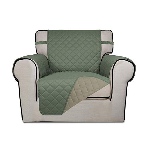 Image of PureFit Reversible Quilted Sofa Cover, Water Resistant Slipcover Furniture Protector, Washable Couch Cover with Non Slip Foam and Elastic Straps for Kids, Dogs, Pets (Chair, Greyish Green /Beige)