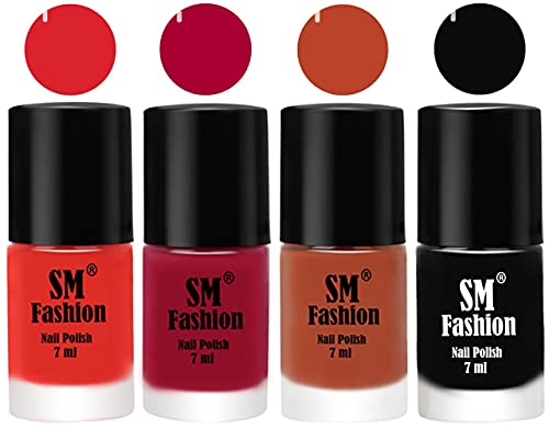 Image of Nail Polish Combo Set (Pack of 4) Quick Dry Gel Finish Nail Paint | Candy Orange,Dark Magenta,Light Coral,Black | 7 ml Each