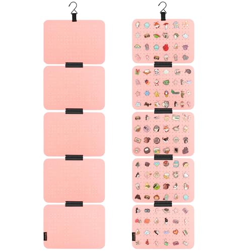 Image of PACMAXI Hanging Enamel Lapel Pin Display Panels Organizer With 5 Loose-leaf Board Pieces, Brooch Pin Enamel Pin Display Pages, Badge Collection Display Holder Holds At Least 120 Pins. (Pink)