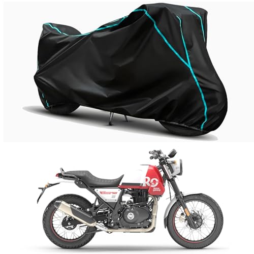 Image of Waterproof Bike Body Cover Compatible for | Royal Enfie Scram 411 | Taffeta Fabric, Sky Piping Design, Bottom Elastic Fit | Dustproof, Sun UV & Rain Protection for All Weather.