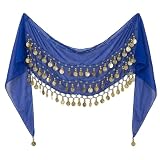 Visxcnu 1 Pieza Cinturón Danza del Vientre Azul Real 145cm 72 Monedas de Oro Pañuelo de Cadera Gasa Traje de Danza Oriental Falda