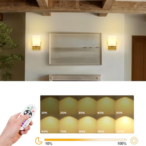 Image of Battery Operated Wall Sconce Set of Two,13 RGB Colors Dimmable Rechargeable Wall Sconces with Remote Control,Wall Lights with Cylinder White Fabric Shade for Bedroom Living Room