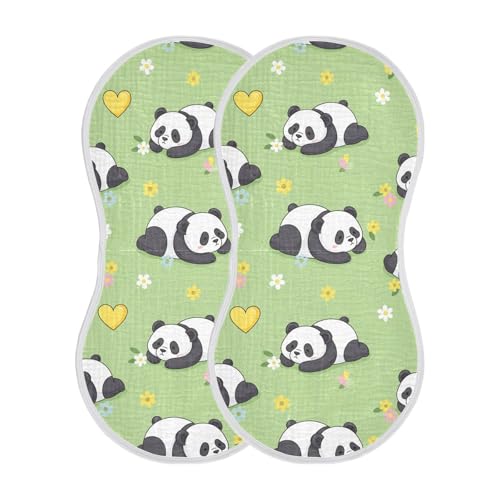 J JOYSAY Panda Flowers Hearts Green Baby Burp Cloths for Boys Girls Large 22''x11'' Cotton 4 Layer Burping Cloths for Girl Babies one sizex2