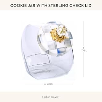 MACKENZIE-CHILDS Cookie Jar with Enamel Lid, Large Glass Treat Jar or Kitchen Jar, 1-Gallon Capacity, Gray-and-White Sterling Check