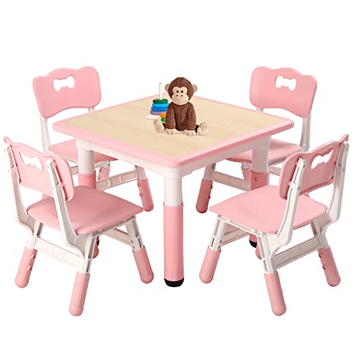Image of FUNLIO Kids Table and 4 Chairs Set, Height Adjustable Toddler Table and Chair Set for Ages 3-8, Easy to Wipe Arts & Crafts Table, for Classrooms /Daycares /Homes, CPC & CE Approved (5-Piece Set) - Pink