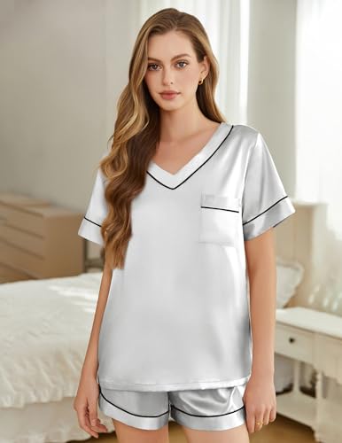 Image of Silk Pajamas for Women Short Sleeve Satin 2 Piece Pj Set Soft V Neck Sleepwear Loungewear, S-XXL