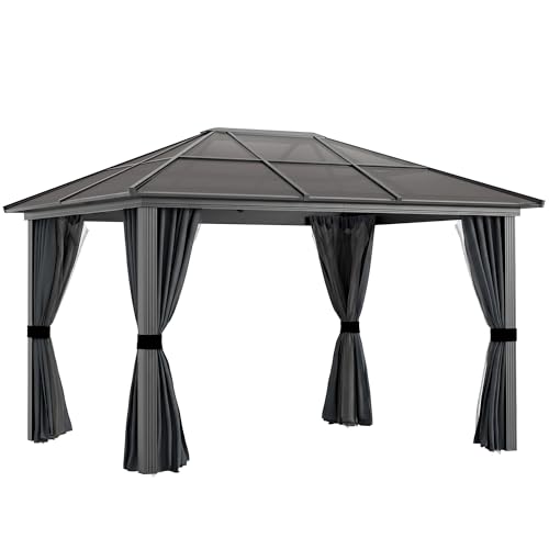 Image of Outsunny 3 x 3.6m Hardtop Gazebo with UV Resistant Polycarbonate Roof & Aluminium Frame, Garden Pavilion with Mosquito Netting and Curtains