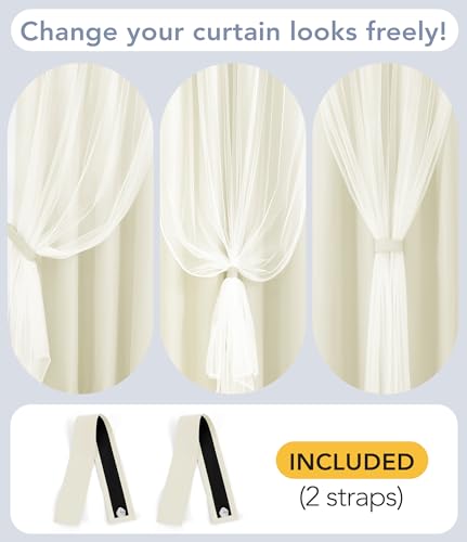 Image of 100% Blackout Curtains with Sheer Overlay, Beige, 52 x 63 inch, 2 Panels | For Bedroom Living Room Window, Room Darkening, Thermal Insulated, Grommet Top, Summer Heat Blocking, Double Layer Design