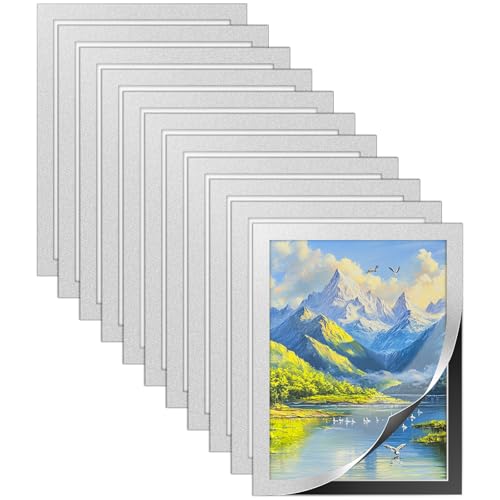 12Pcs Magnetic Picture Frame, A4 Self Adhesive Magnetic Photo Frames, Magnetic Picture Holder Waterproof Clear Sign Holders for Paintings, Photos, Notices, Certificate, Poster (27.9×21cm, Sliver)