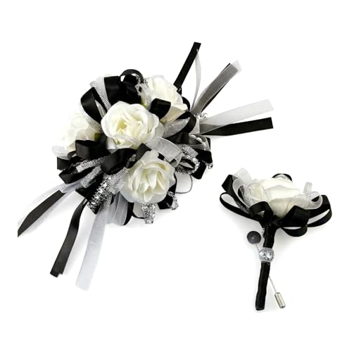 Ting & Cecilly Rose Wedding Corsage and Boutonniere Set Floral Accessories for Prom Wedding Party Suit Decorations (Black & White)