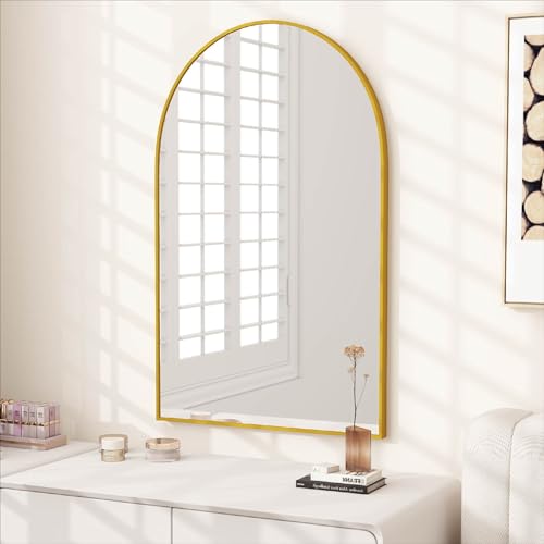 NARCISSUS Arched Gold Bathroom Mirror,24 x 36 Inch Arch Wall Mirror with Aluminum Alloy Frame,Vanity Modern Tempered Glass Mirror for Bedroom,Entryway,Living Room (24x36 Inch, Gold)