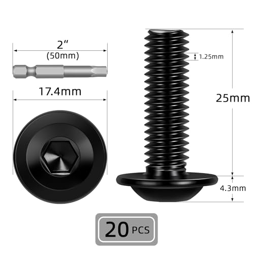 Image of M8-1.25 x 25mm 20 PCS Flanged Button Head Socket Cap Bolts Screws, Stainless Steel 304, Allen Socket Drive, Screwdriver Bit Included, Black Finish, Fully Machine Thread