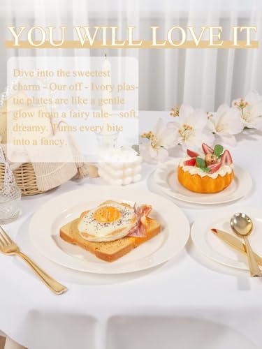Image of WDF 200PCS Ivory Plastic Plates - Elegant Ivory Disposable Plates for Party- Include 100 Dinner Plate 10inch and 100 Plastic Dessert Plate 7inch Perfect for Party /Baby Shower /Wedding /Birthday