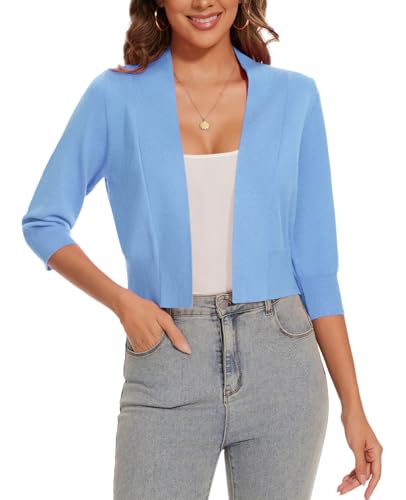 Image of Women 3 /4 Sleeve Cropped Cardigan Lightweight Casual Open Front Bolero Shrug Sweaters