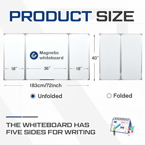 Image of AmazingSpark 72 inch x 40 inch Foldable Whiteboard Dry Erase Board Large Tri Folding Whiteboard Magnetic Dry Erase Board, Wall Aluminium Frame and Pen Tray for Office, Home
