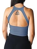 LASLULU Womens Crop Tops Ribbed High Neck Racerback Workout Tank Tops Seamless Backless Running Gym Shirts Casual Camis Musle Tanks Crop Tops for Teen Girls(Blue Small)